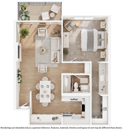 A top-down view of a well-organized apartment with a kitchen, living room, and bathroom.
